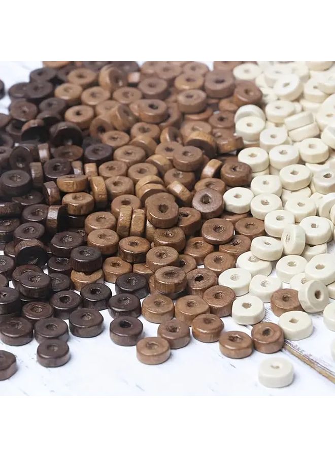 500 قطعة من الخرز الخشبي المستدير المسطح مقاس 8 ملم بألوان بني وأبيض وكريمي مختلطة لصنع المجوهرات والحرف اليدوية - Image 1